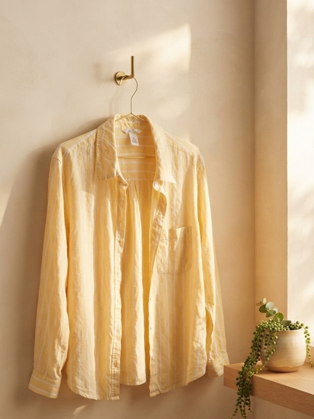 H&M Yellow and White Striped Linen Blend Button-Down Shirt